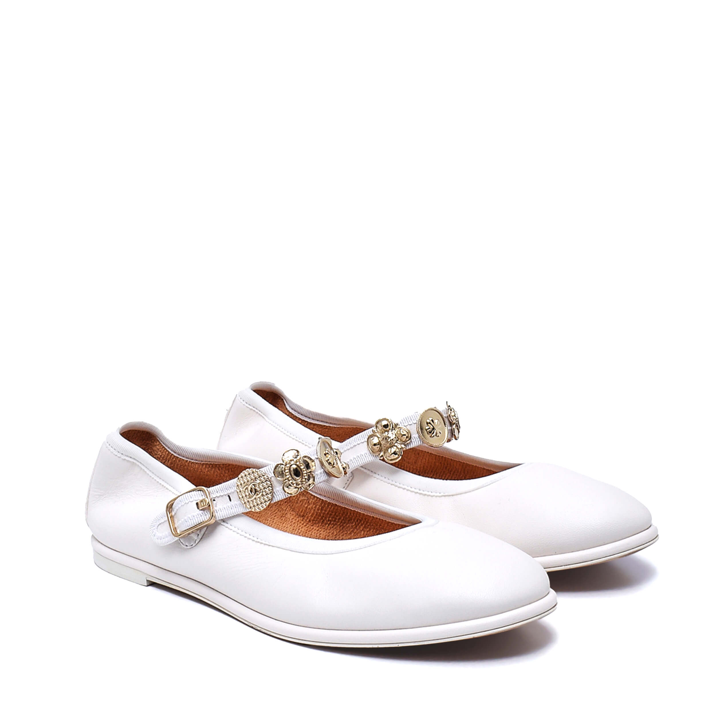 Chanel - Metiers White Leather Mary Jane Flats Shoes / 40 